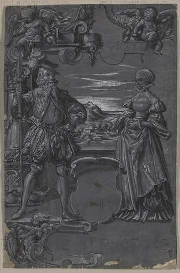 Design for Glass Painting: Man and Woman in Architectural Setting, second half 1500s. Attributed to Tobias Stimmer (Swiss, 1539-1584). Pen and black ink and brush and gray wash, heightened with white gouache; sheet: 32.1 x 21 cm (12 5/8 x 8 1/4 in.).
