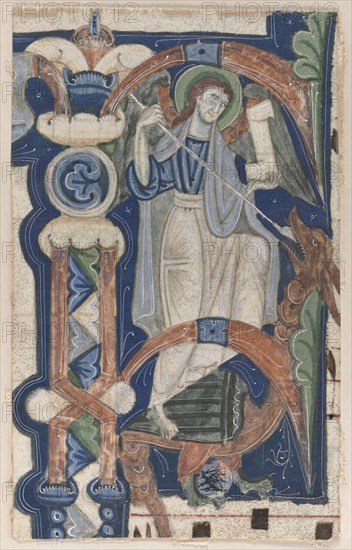 Historiated Initial (P) Excised from a Choral Book: St. Michael and the Dragon, early 1200s. North Italy, Lombardy, 13th century. Ink and tempera on parchment; sheet: 16 x 10 cm (6 5/16 x 3 15/16 in.)