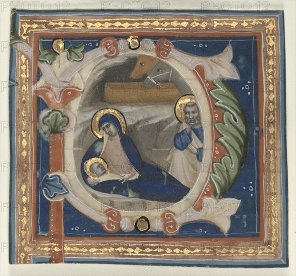 Historiated Initial (P) Excised from a Gradual: The Nativity, c. 1350-1375. Attributed to Lippo Vanni (Italian). Ink, tempera, and gold on parchment; sheet: 10 x 11 cm (3 15/16 x 4 5/16 in.)