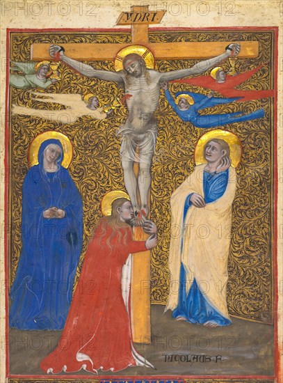 Single Leaf from a Missal: The Crucifixion, c. 1390. Attributed to Nicolò da Bologna (Italian, c. 1325-1403). Ink, tempera, and gold on vellum; sheet: 26.8 x 20.2 cm (10 9/16 x 7 15/16 in.); framed: 52.4 x 39.7 cm (20 5/8 x 15 5/8 in.); matted: 48.9 x 36.2 cm (19 1/4 x 14 1/4 in.).