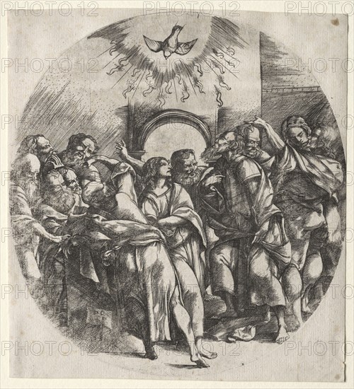 The descent of the holy spirit, 1518. Domenico Campagnola (Italian, 1500-1564). Engraving