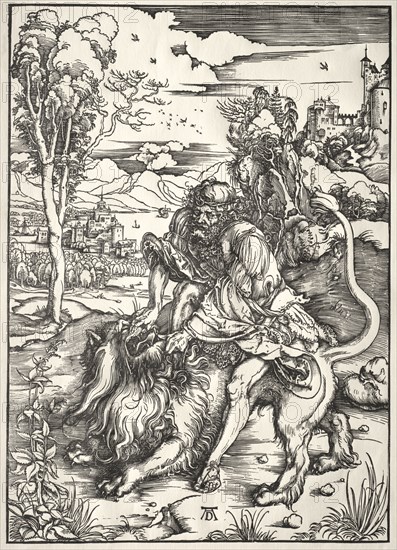 Samson and the Lion, c. 1497 - 1498. Albrecht Dürer (German, 1471-1528). Woodcut