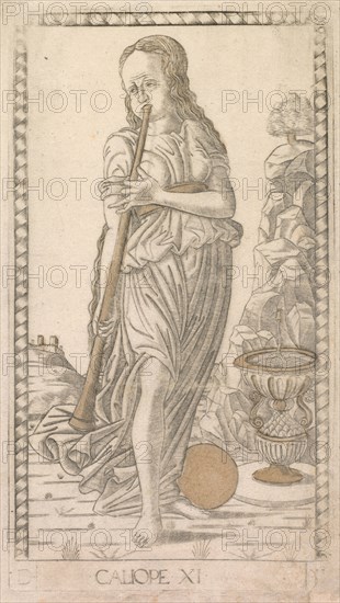 Calliope (from the Tarocchi series D:  Apollo and the Muses, #11), before 1467. Master of the E-Series Tarocchi (Italian, 15th century). Engraving hand-colored with gold