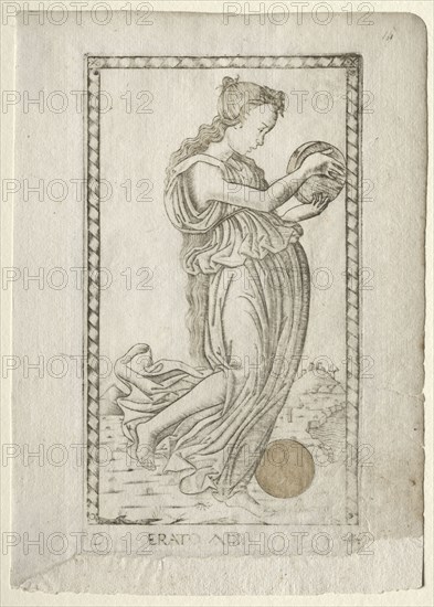 Erato (lyric and love poetry) (from the Tarocchi series D:  Apollo and the Muses, #14), before 1467. Master of the E-Series Tarocchi (Italian, 15th century). Engraving