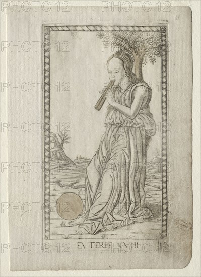Euterpe (music, lyric poetry) (from the Tarocchi series D:  Apollo and the Muses, #18), before 1467. Master of the E-Series Tarocchi (Italian, 15th century). Engraving hand-colored with gold