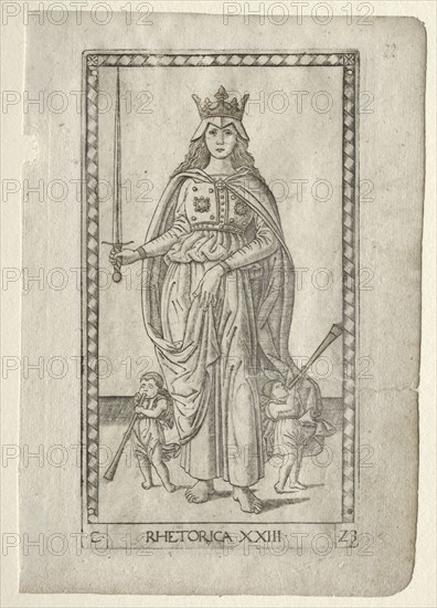 Rhetoric (from the Tarocchi, series C:  Liberal Arts, #23), before 1467. Master of the E-Series Tarocchi (Italian, 15th century). Engraving