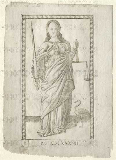 Justice (from the Tarocchi, series B: Cosmic Principles & Virtues, #37), before 1467. Master of the E-Series Tarocchi (Italian, 15th century). Engraving