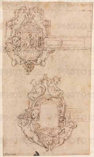 Design for Decorative Hinges, mid 1500s. Luzio Romano (Italian, active 1528-75). Pen and brown ink over black chalk; framing lines in brown ink (lower left, upper right); sheet: 29.8 x 17.5 cm (11 3/4 x 6 7/8 in.); secondary support: 40.2 x 25.4 cm (15 13/16 x 10 in.).