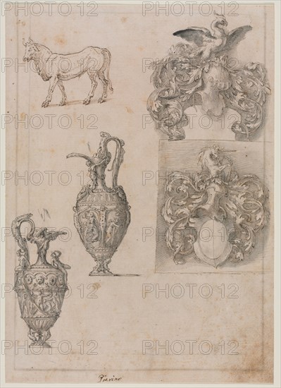 Design for Two Vases, Two Coats of Arms, and a Bull (recto) Several Line Borders (verso), mid 1500s. Luzio Romano (Italian, active 1528-75). Pen and brown ink and brush and gray and brown wash over black chalk; sheet: 29.7 x 21.3 cm (11 11/16 x 8 3/8 in.).