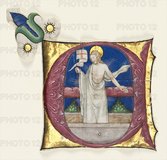 Historiated Initial (E) Excised from an Antiphonary: Risen Christ in the Tomb, c. 1420-1450. Italy, Milan, 15th century. Ink, tempera, and gold on parchment; sheet: 13.4 x 14 cm (5 1/4 x 5 1/2 in.)