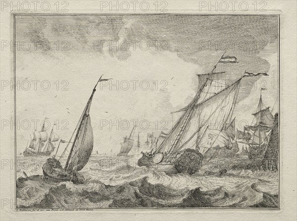 Ships in a Gale, 1701. Ludolf Backhuysen (Dutch, 1631-1708), Ludolf Backhuysen (Dutch, 1631-1708). Etching; sheet: 22 x 29.3 cm (8 11/16 x 11 9/16 in.); platemark: 17.6 x 23.6 cm (6 15/16 x 9 5/16 in.)