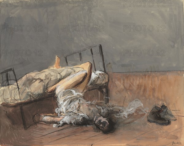 The Suicide, fourth quarter 1800s or first third 1900s. Jean Louis Forain (French, 1852-1931). Watercolor and gouache over black crayon; framing lines in black crayon; sheet: 37.3 x 45.4 cm (14 11/16 x 17 7/8 in.).