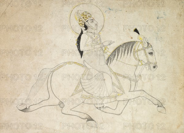 Jai Singh III of Jaipur (r. 1818-1835) Riding, c. 1820. India, Rajasthan, Jaipur, 19th century. Color on paper; overall: 10 x 14.3 cm (3 15/16 x 5 5/8 in.).