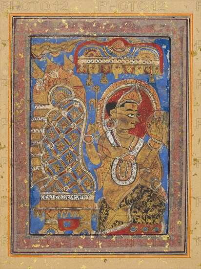Page from a Kalpa-sutra: Indra paying homage to Mahavira, early 16th century. Jain, Western India, Gujarat, early 16th century. Ink and color on paper; 18th century gold flecked paper border; image: 9.5 x 6.8 cm (3 3/4 x 2 11/16 in.); overall: 22.3 x 17.7 cm (8 3/4 x 6 15/16 in.).