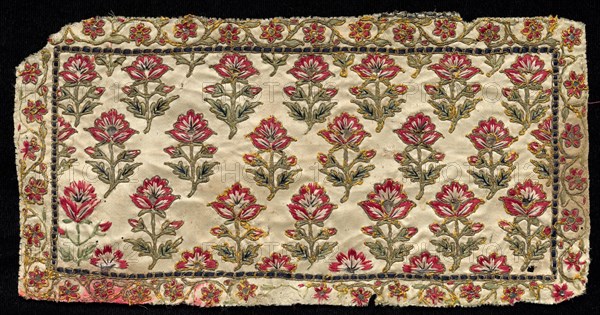 Book Cover (Jain ?), 1700s - 1800s. India, Gujarat, 18th-19th century. Embroidery, silk and gold thread on silk satin ground; overall: 26.4 x 13.7 cm (10 3/8 x 5 3/8 in.)