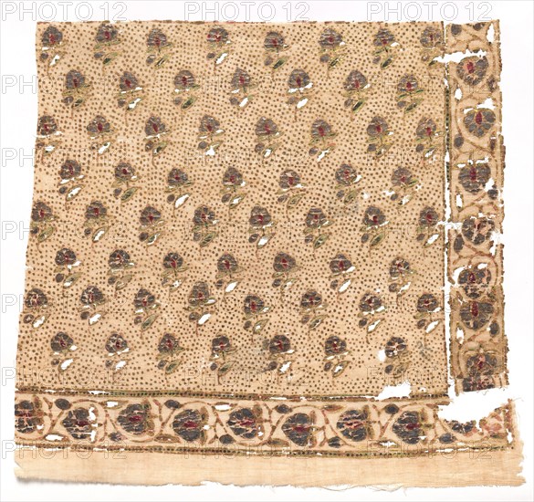 Fragment, 1800s. India, Rajasthan, 19th century. Printed with silver leaf, painted and over-printed with gold; cotton; overall: 19.9 x 22.9 cm (7 13/16 x 9 in.)