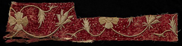 Fragment, 1800s. India, Jaipur, 19th century. Embroidery; silk and gold filé on silk velvet ground; overall: 64.8 x 14.9 cm (25 1/2 x 5 7/8 in.).