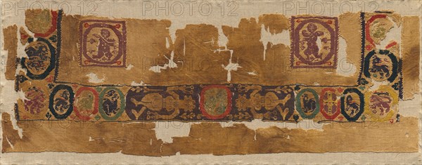Fragment of a Tunic, 600 - 650. Egypt, Byzantine period, first half of 7th century. Tabby weave with inwoven tapestry ornament, linen and wool; overall: 26.1 x 74.3 cm (10 1/4 x 29 1/4 in.)