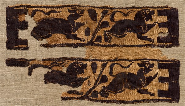 Fragment, Sleeve Ornament from a Tunic, 500s. Egypt, Byzantine period, 6th century. Tapestry (originally inwoven in tabby ground); linen and wool; overall: 13.4 x 23.9 cm (5 1/4 x 9 7/16 in.)