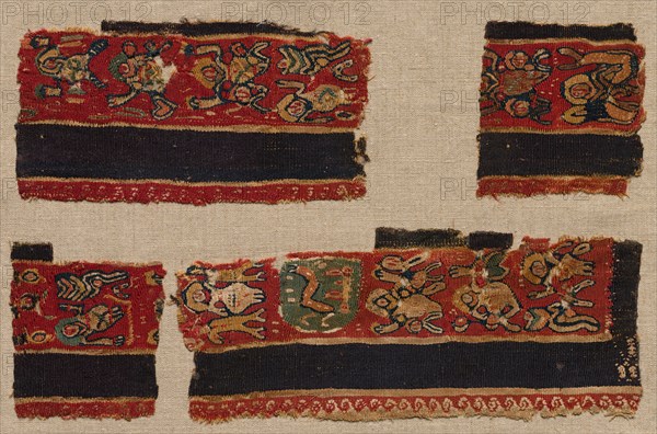 Four Fragments of the Clavi of a Tunic, 400s - 600s. Egypt, Byzantine period, 5th - 7th century. Tabby weave with inwoven tapestry ornament, linen and wool; overall: 22.9 x 35.9 cm (9 x 14 1/8 in.)