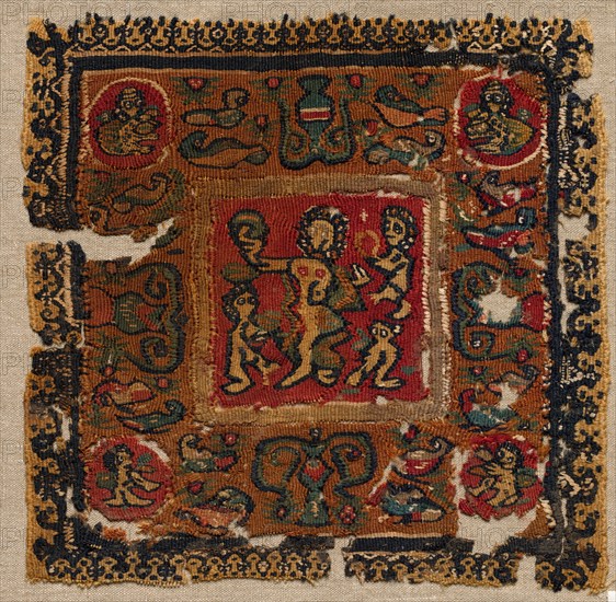 Segmentum from a Tunic, 400s - 600s. Egypt, Byzantine period, 5th - 7th century. Tapestry (originally inwoven in tabby ground); wool and linen; overall: 21.9 x 22.6 cm (8 5/8 x 8 7/8 in.).