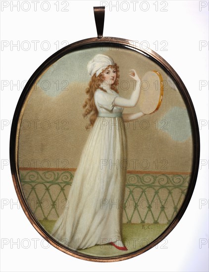 Woman with a Tambourine, in Neoclassical Costume, mid to late 19th century. England, 19th century. Watercolor on ivory in a gold frame with blue glazed reverse and reserve with plaited hair and initials in gold; framed: 15.3 x 13 cm (6 x 5 1/8 in.); unframed: 14 x 11.5 cm (5 1/2 x 4 1/2 in.)