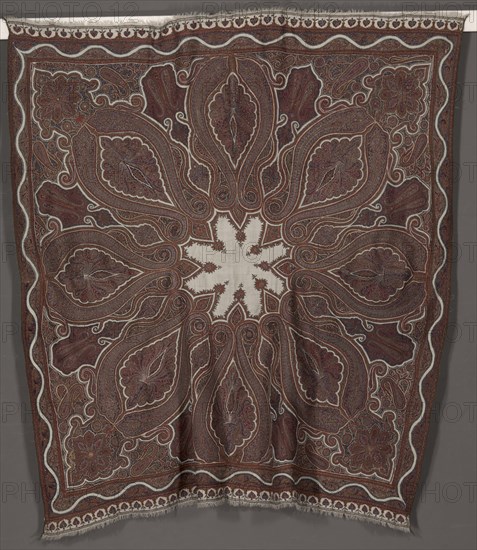 Square Shawl ( "amli"), 1800s. India, Kashmir, 19th century. Embroidery, large pieced areas: wool ; overall: 182.9 x 177.8 cm (72 x 70 in.)
