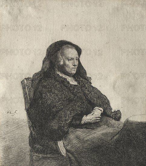 The Artist's Mother Seated at a Table, Looking Right: Three Quarter Length, c. 1631. Rembrandt van Rijn (Dutch, 1606-1669). Etching; sheet: 14.8 x 13 cm (5 13/16 x 5 1/8 in.).