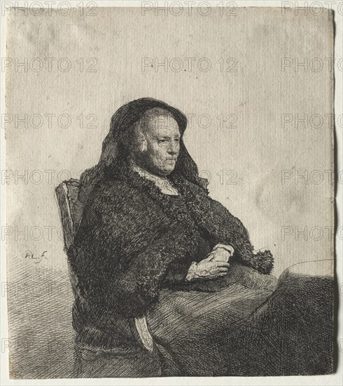 The Artist's Mother Seated at a Table, Looking Right: Three Quarter Length, c. 1631. Rembrandt van Rijn (Dutch, 1606-1669). Etching; sheet: 14.8 x 13 cm (5 13/16 x 5 1/8 in.).