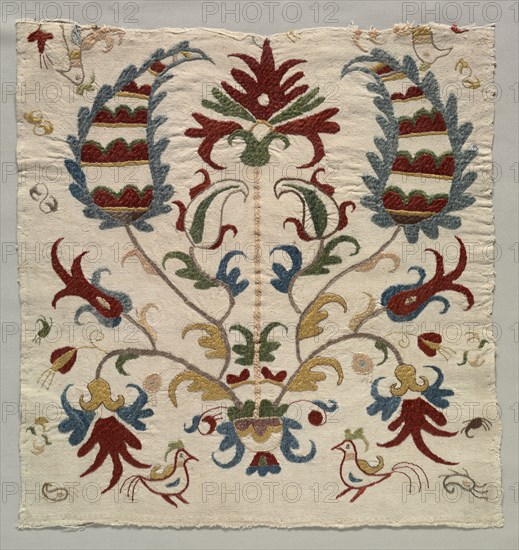 Fragment of Pillow Cover  or Panel of Bedspread, 1800s. Greece, Sporades Islands, Skyros, 19th century. Embroidery: silk on linen tabby ground; overall: 47 x 40.4 cm (18 1/2 x 15 7/8 in.)