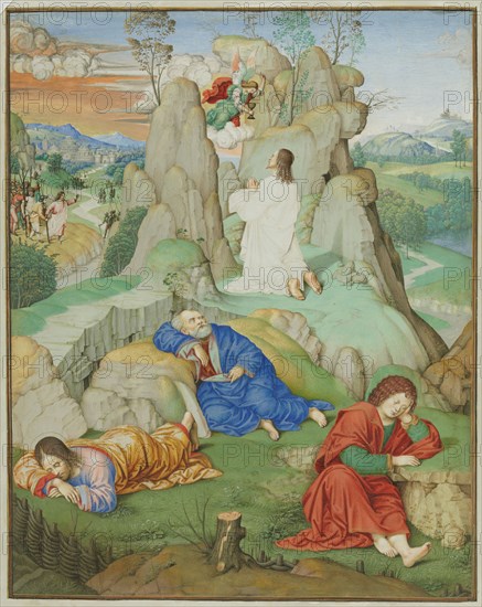 Full Page Miniature: The Agony in the Garden, 1490-1500. Probably by Timoteo Viti (Italian, 1469-1523). Tempera on vellum; sheet: 27 x 22 cm (10 5/8 x 8 11/16 in.).