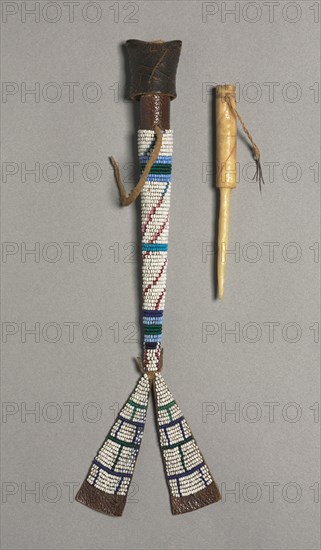 Bone Awl with Beaded Case, late 1800s. America, Native North American, Gaigwu (Kiowa), late 19th century. Bone; case: 23.5 cm (9 1/4 in.); overall: 11.4 cm (4 1/2 in.).