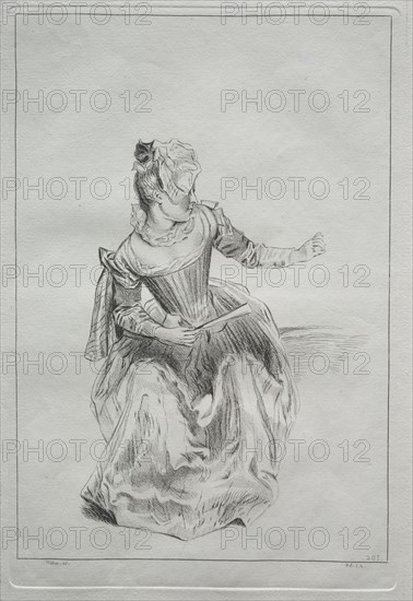 Woman Holding a Fan. Possibly by Benoit II Audran (French, 1700-1772), after Jean Antoine Watteau (French, 1684-1721). Etching