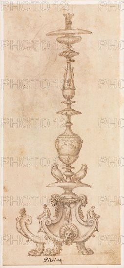 Design for a Candlestick, mid 1500s. Luzio Romano (Italian, active 1528-75). Pen and brown ink and brush and brown wash, over black chalk; sheet: 32.5 x 14.6 cm (12 13/16 x 5 3/4 in.); secondary support: 38.8 x 20.9 cm (15 1/4 x 8 1/4 in.).
