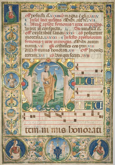 Leaf from a Gradual: Initial (M) with St. Andrew (recto), c. 1480. Jacopo Filippo d' Argenta (Italian, 1501). Ink, tempera, and gold on parchment; sheet: 77 x 52 cm (30 5/16 x 20 1/2 in.).