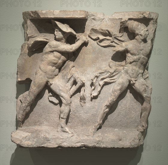 Relief of Hermes and Ares, 200s BC. Greece, 3rd Century BC. Limestone; overall: 32.7 cm (12 7/8 in.).