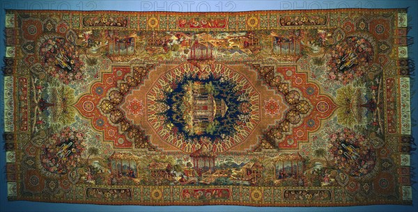 Shawl with Genre Scenes, 1875-1899. France, Paris or Lyon, 3rd quarter 19th century. Woven silk; overall: 356.6 x 168.9 cm (140 3/8 x 66 1/2 in.)