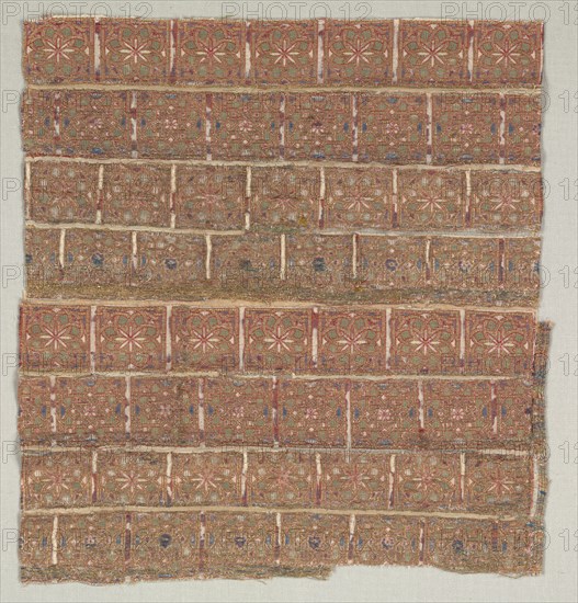 Vestment fragment with stars in staggered squares, 1200s. Spain, probably Almeria. Lampas with areas of double cloth: silk and gold thread; average: 27.7 x 26.1 cm (10 7/8 x 10 1/4 in.)