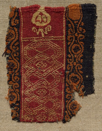 Fragment, with Part of a Clavus, from a Tunic, 300s - 600s. Egypt, Byzantine period, 4th - 7th century. Tabby ground, inwoven tapestry ornament; wool; overall: 9 x 11.5 cm (3 9/16 x 4 1/2 in.).