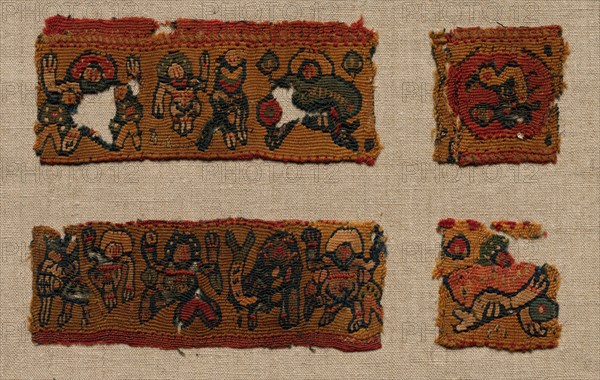 Four Fragments of the Gammadion Border of a Tunic, 400s - 600s. Egypt, Byzantine period, 5th - 7th century. Tabby weave with inwoven tapestry ornament, linen and wool; overall: 13.7 x 21.3 cm (5 3/8 x 8 3/8 in.).