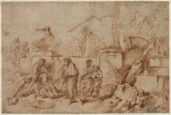 Tobit Burying the Dead, 1640s. Giovanni Benedetto Castiglione (Italian, 1609-1664). Oil and dark red pigment with oil and brown pigment; framing lines in gold paint over oil and dark red pigment; sheet: 27.7 x 41.4 cm (10 7/8 x 16 5/16 in.).