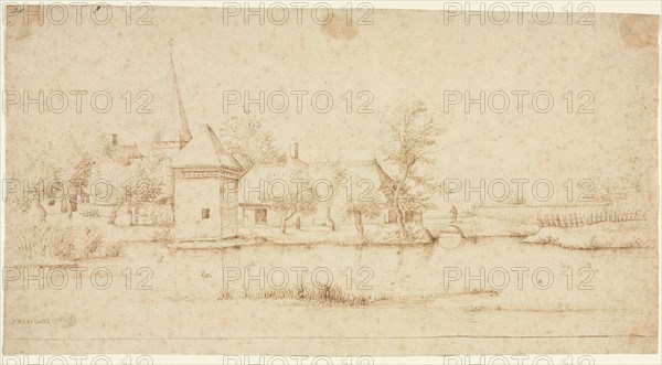 Landscape with a Moated Village, 1559-1561. Master of the Small Landscapes (Flemish). Pen and brown ink; framing lines in brown ink (bottom); sheet: 16.7 x 31.2 cm (6 9/16 x 12 5/16 in.).