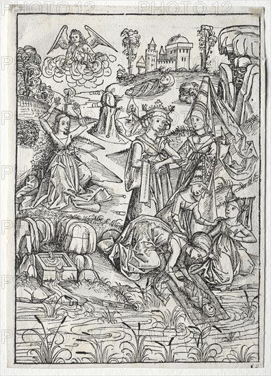 Der Schatzbehalter:  Moses Found by Pharaoh's Daughter (recto), 1491. Michael Wolgemut (German, 1434-1519). Woodcut