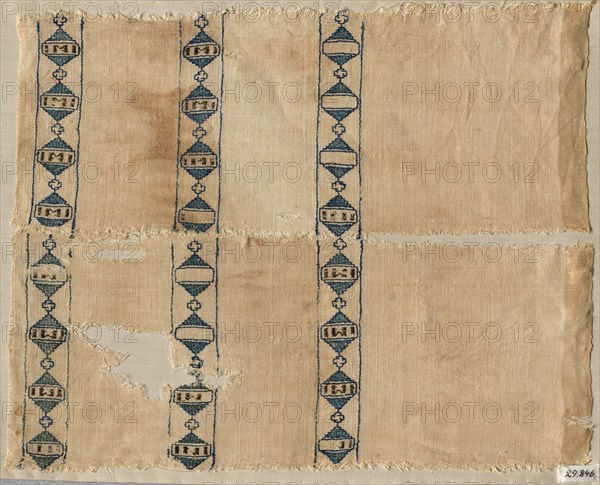 Two fragments of a scarf or headdress, 1300s. Egypt, Mamluk period, 1300s. Silk embroidery on linen tabby ground; overall: 10.5 x 27.4 cm (4 1/8 x 10 13/16 in.).