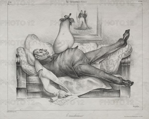 La Caricature (Journal) Pl. 139: Caricature, plate 139: The Nightmare, 1832. Honoré Daumier (French, 1808-1879), Aubert. Lithograph; sheet: 27 x 35.6 cm (10 5/8 x 14 in.); image: 23.3 x 29.4 cm (9 3/16 x 11 9/16 in.).