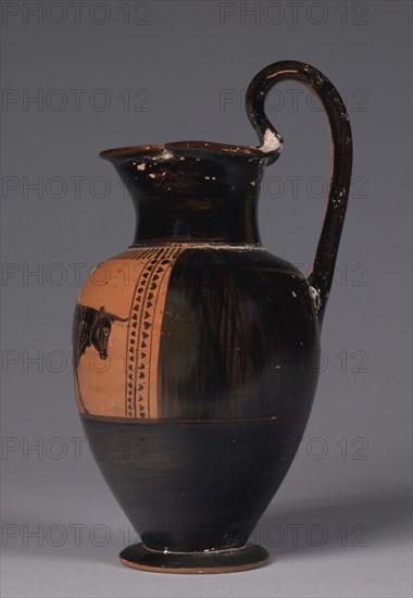 Trefoil-mounted Oinochoe: Europe Riding a Bull, c. 520 BC. Greece, Attic, 6th Century BC. Earthenware with slip decoration; overall: 23.6 cm (9 5/16 in.).
