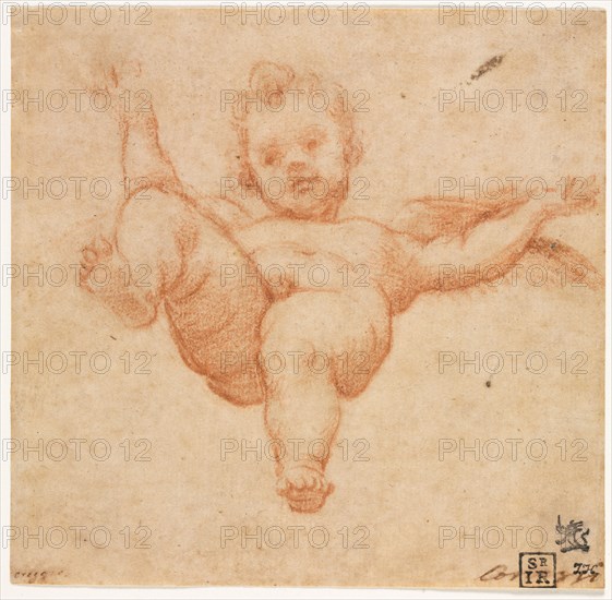 Flying Cupid, c. 1602. Follower of Annibale Carracci (Italian, c. 1560-1609). Red chalk; sheet: 14 x 14.5 cm (5 1/2 x 5 11/16 in.).