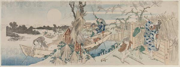 Landscape with Ferry Boat, Geese and Full Moon, early 1830s. Totoya Hokkei (Japanese, 1780-1850). Color woodblock print; overall: 19.5 x 53.7 cm (7 11/16 x 21 1/8 in.).