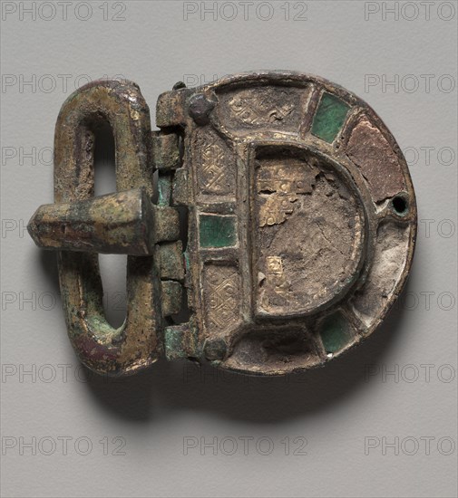 Buckle, 500s. Ostrogothic?, Migration period, 6th century. Bronze, gold foil, traces of gilding and glass; overall: 5.5 x 4.4 cm (2 3/16 x 1 3/4 in.)