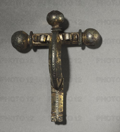 Crossbow Fibula, c. 350-400. Gallo-Roman or Romano-British, Migration period, 4th century. Bronze, gilt-bronze, silver, and niello; overall: 8.6 x 7 cm (3 3/8 x 2 3/4 in.)